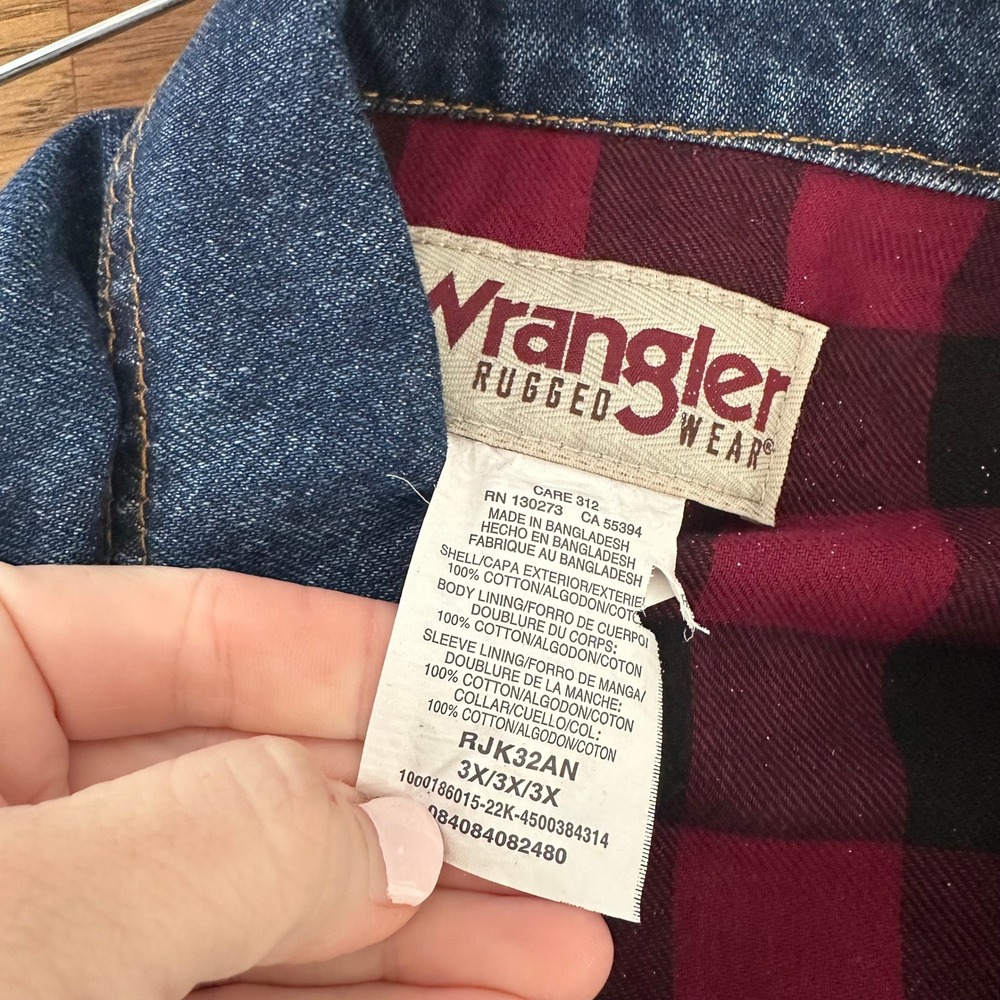 Wrangler Mens Denim Jacket 3XL Cotton Flannel Lined Warm Barn Chore Dark Blue - Picture 2 of 7